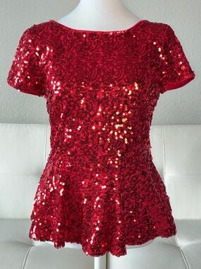 MCM Red Sequin Peplum Short Sleeve Top